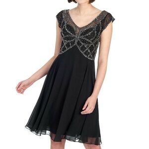 NWT 🌟J KARA🌟 BEADED BODICE CHIFFON EVENING DRESS BLACK / SILVER SZ 10